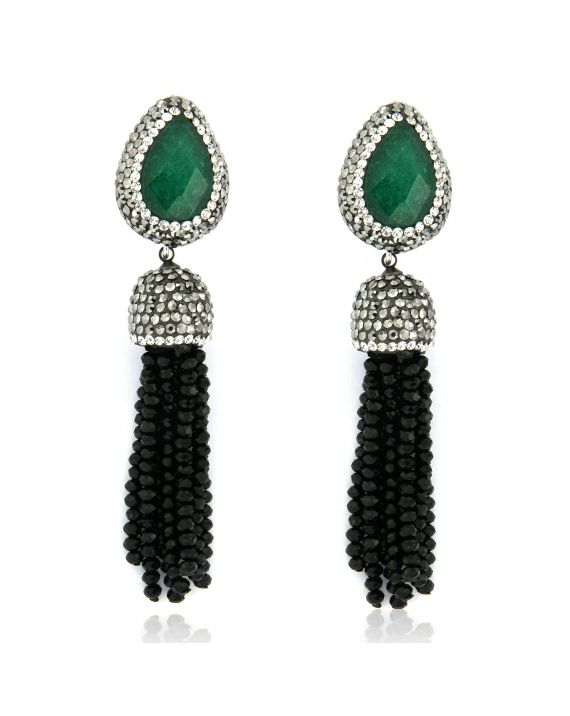 Sterling Silver Emerald & Black Tassel Earrings