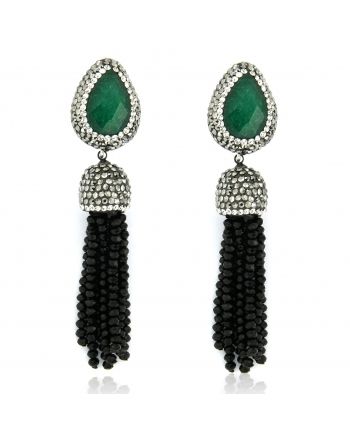Sterling Silver Emerald & Black Tassel Earrings