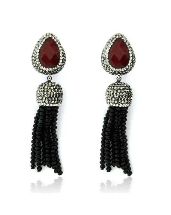 Sterling Silver Ruby & Black Tassel Earrings