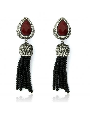 Sterling Silver Ruby & Black Tassel Earrings