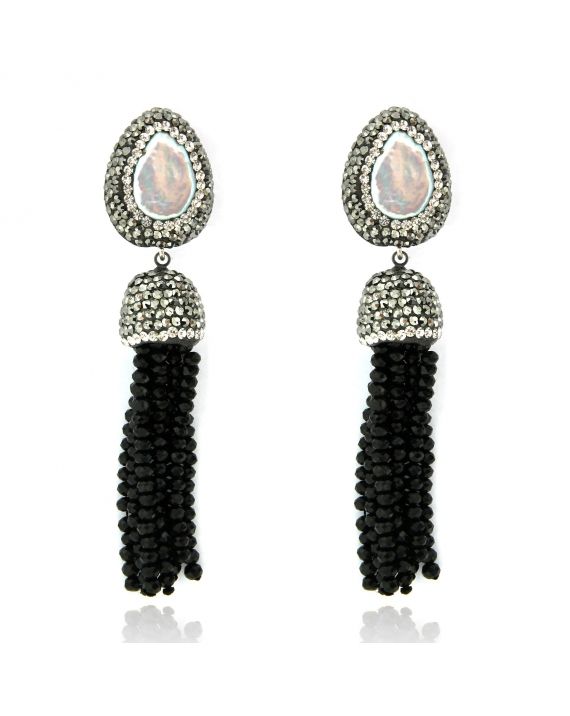 Sterling Silver Pearl & Black Tassel Earrings