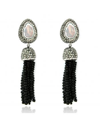 Sterling Silver Pearl & Black Tassel Earrings