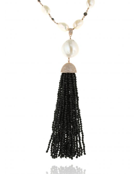 Sterling Silver Pearl & Onyx Tassel Necklace