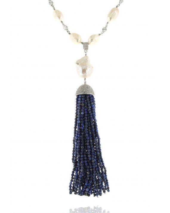 Sterling Silver Pearl & Lapis Tassel Necklace
