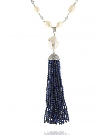 Sterling Silver Pearl & Lapis Tassel Necklace