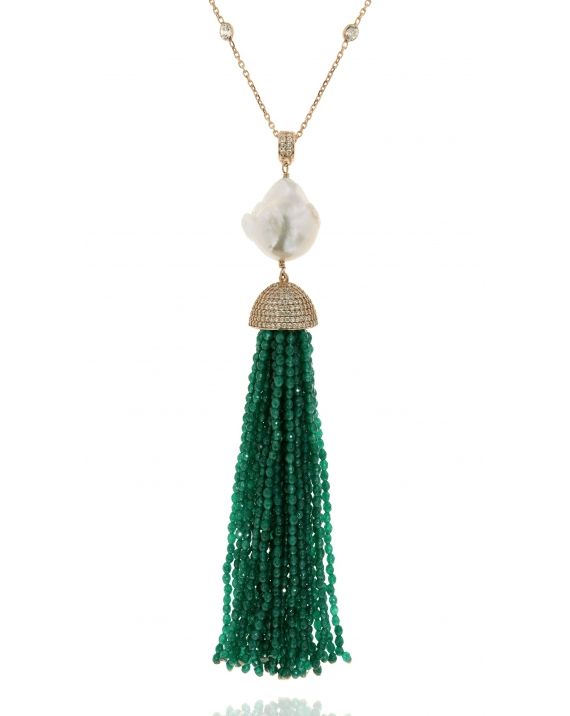 Sterling Silver Jade Baroque Tassel Necklace