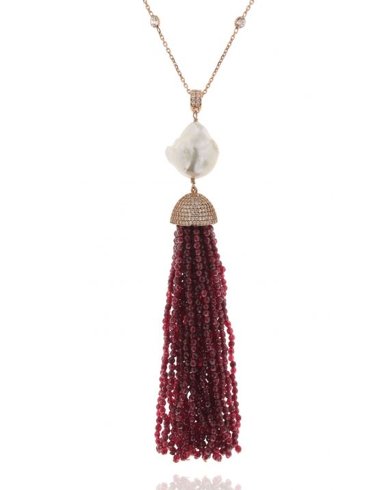 Sterling Silver Red Jade Baroque Tassel Necklace