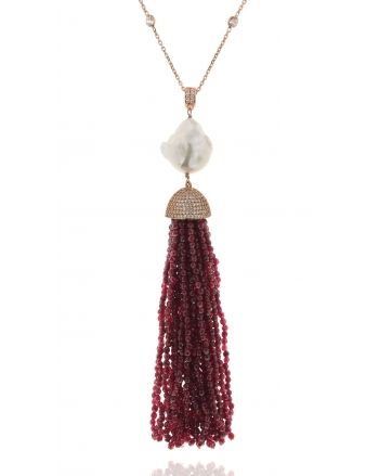 Sterling Silver Red Jade Baroque Tassel Necklace