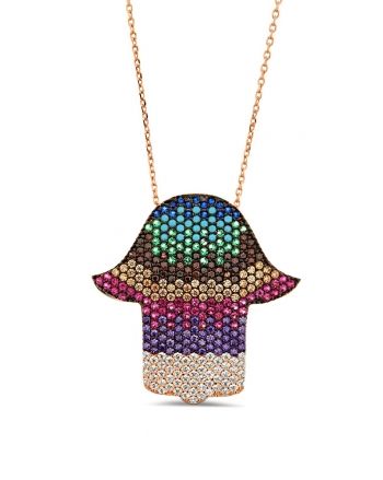 Sterling Silver Medium Multicolor Hamsa Necklace
