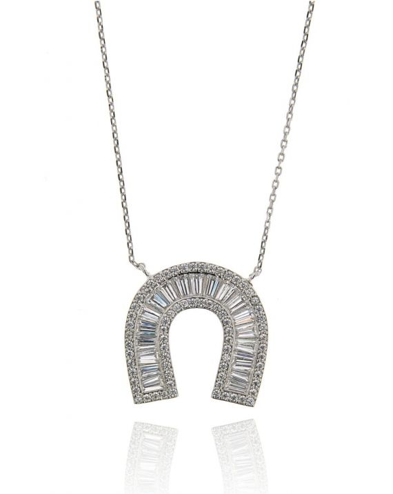 Sterling Silver White Baguette Horseshoe Necklace