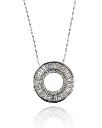 Sterling Silver White Baguette Halo Necklace