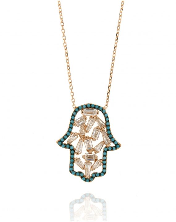 Sterling Silver Hamsa Turquoise baguette CZ Necklace