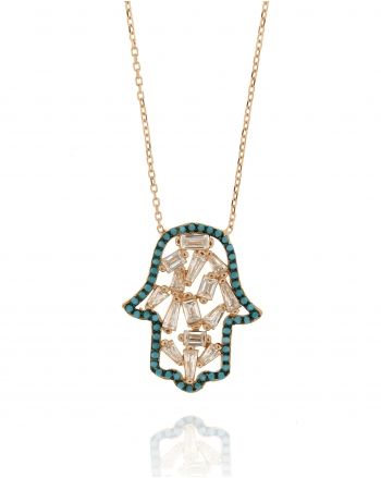 Sterling Silver Hamsa Turquoise baguette CZ Necklace