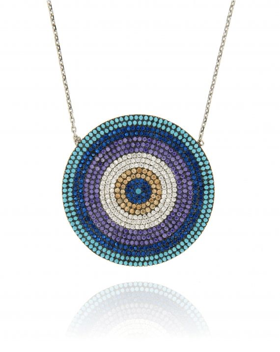 Sterling Silver Flat CZ Round Disc Necklace