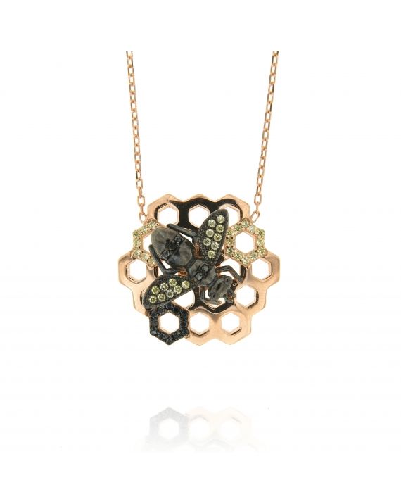 Sterling Silver Honeycomb Bee Black CZ Necklace