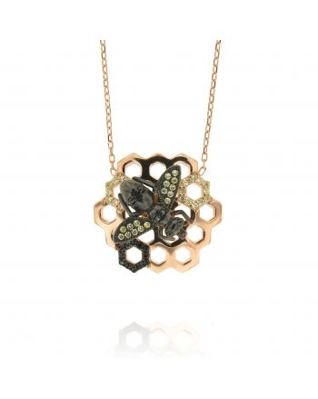 Sterling Silver Honeycomb Bee Black CZ Necklace