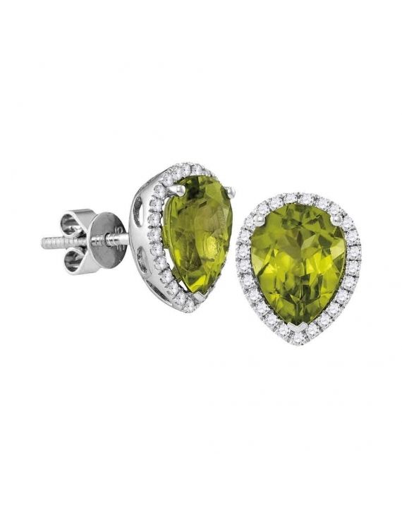 Pear Peridot Diamond Halo Earrings in 14k White Gold (1.63ct)