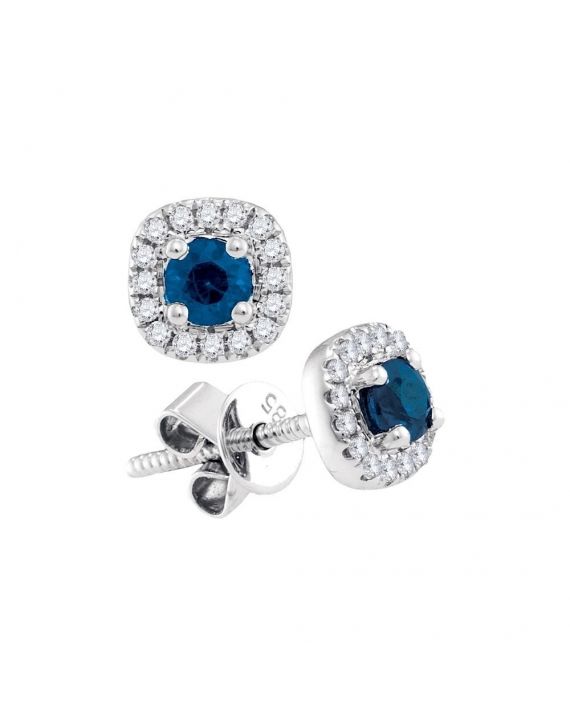 Blue Sapphire Diamond Halo Earrings in 14k White Gold (.50ct)