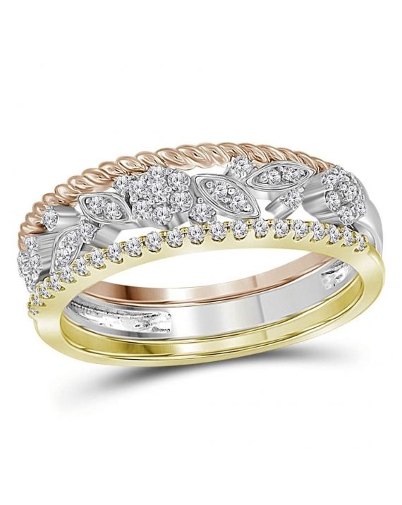 Tri-tone Floral Stackable Band Set in Gold (.25ct)
