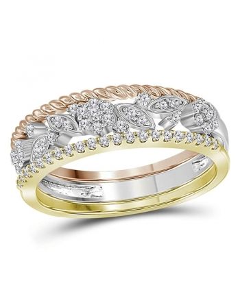 Tri-tone Floral Stackable Band Set in Gold (.25ct)