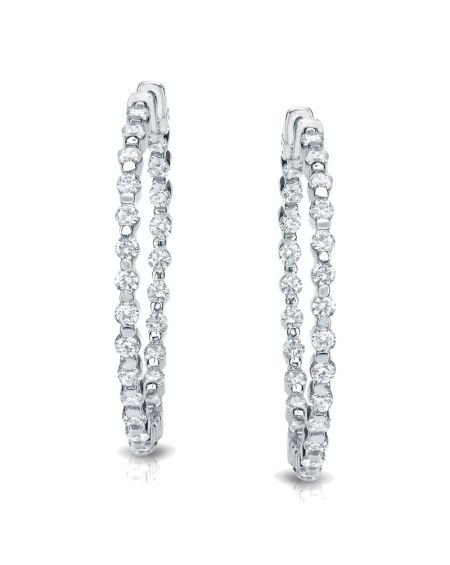 Shared Prong Round Diamond Hoop Earrings 14k White Gold