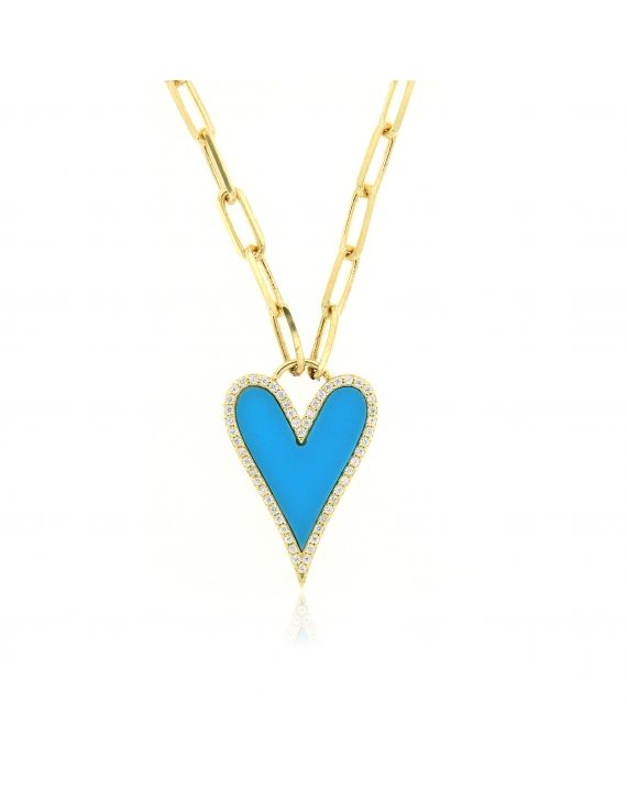 Turquoise Heart Necklace on Paper Clip Chain