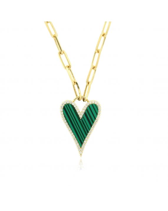Malachite Heart Necklace on Paper Clip Chain